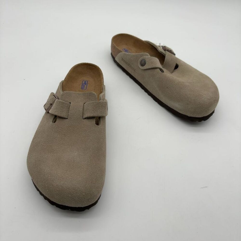 Birkenstock Suede Boston Clogs in Taupe